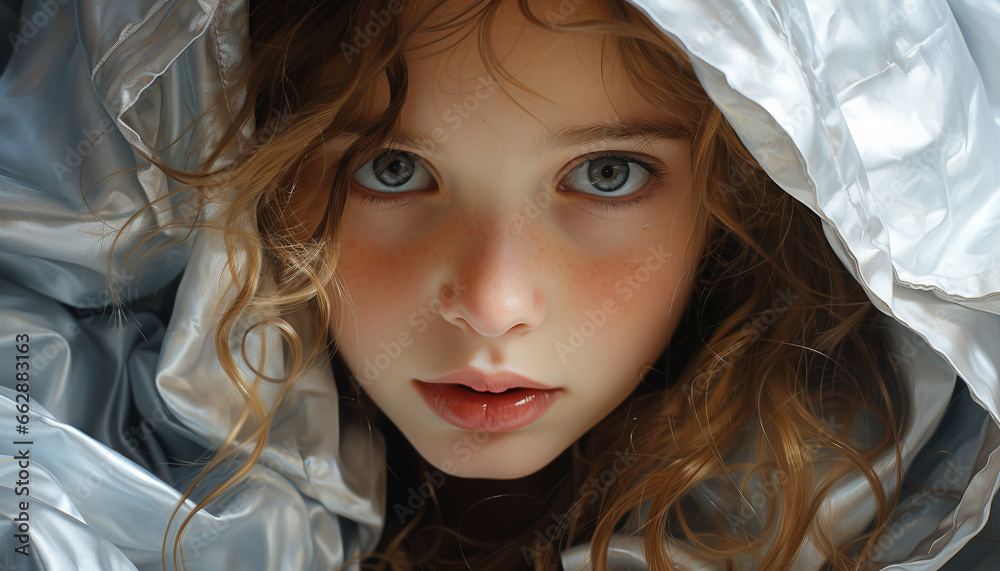Cute Caucasian girl, smiling, looking at camera, with brown hair generated by AI