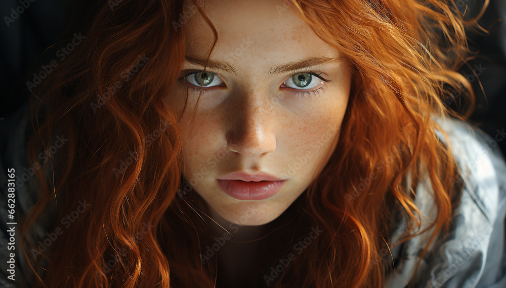 Young woman with brown hair, looking at camera, exuding beauty generated by AI