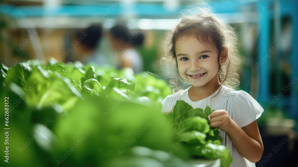 Child is holding a fresh salad picked from the greenhouse. Child is holding a fresh salad picked from the greenhouse.