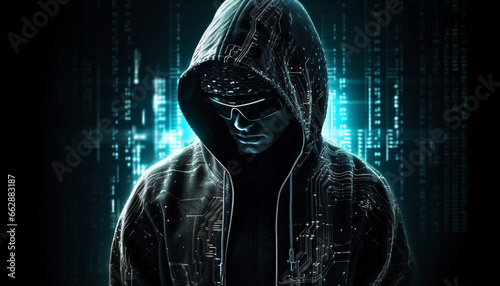 Hooded thief uses technology to hack security system and steal data generated by AI