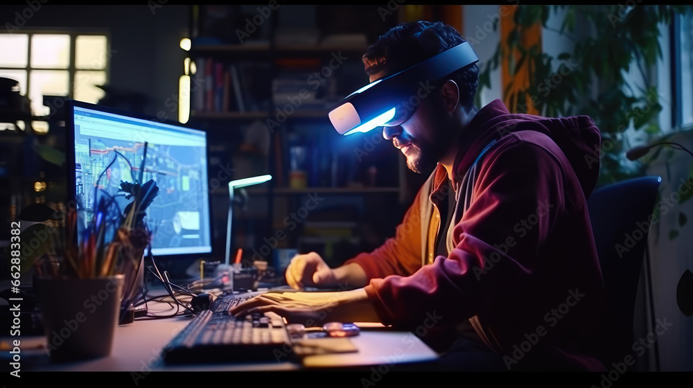 A graphic designer is working using their virtual reality in front of a computer