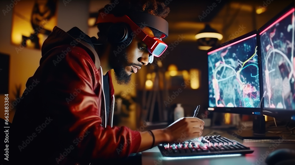 A graphic designer is working using their virtual reality in front of a computer A graphic designer is working using their virtual reality in front of a computer