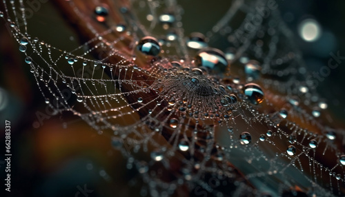 Spider web dew drop reflects autumn forest in spooky beauty generated by AI
