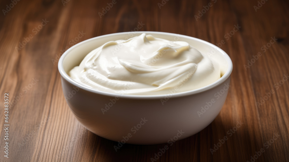 Sour cream in a bowl on a wooden background