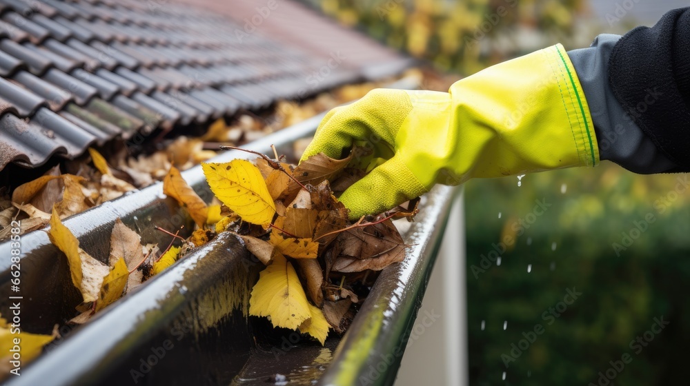 Hand is collecting leaves from the rain gutter - obrazy, fototapety, plakaty 