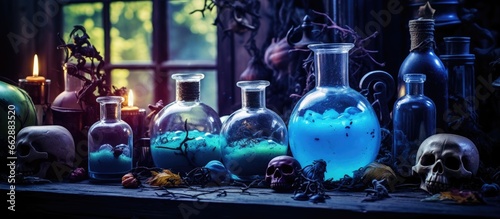 Halloween potions in witch s cottage with blue mix With copyspace for text photo