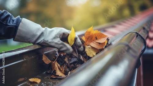Hand is collecting leaves from the rain gutter photo
