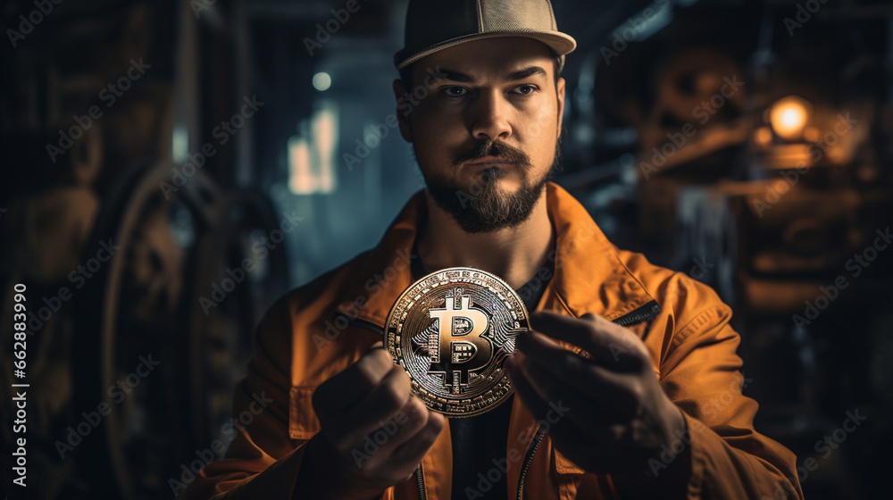 A mining farm engineer inspects a Bitcoin coin in his hands, showcasing the physical manifestation of the digital currency they work tirelessly to mine. 