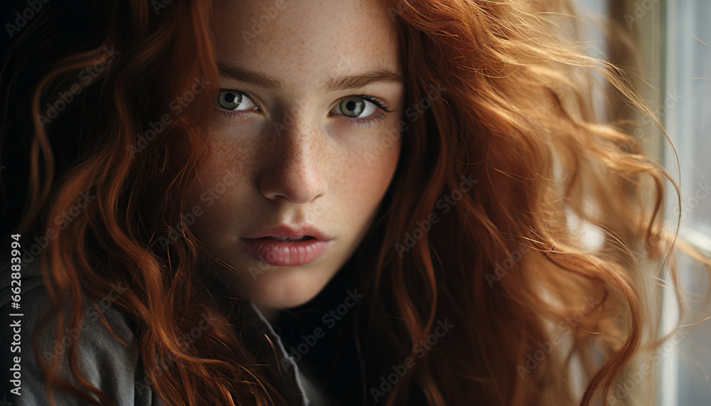 Beautiful young woman with long brown hair looking at camera generated by AI Beautiful young woman with long brown hair looking at camera generated by AI