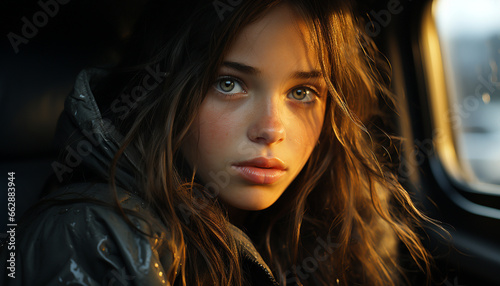 Beautiful young woman with long brown hair, looking at camera generated by AI © djvstock