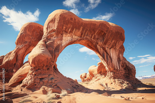 A surreal desert landscape adorned with colossal, gravity-defying stone arches, defying the laws of nature. Concept of geological wonder. Generative Ai.