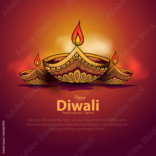 happy Diwali. Indian festivals of light with outline Diya. vector illustration design