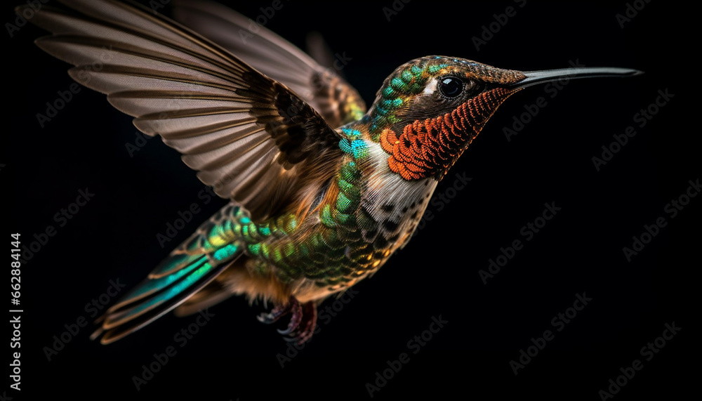 Obraz premium Hummingbird flying with spread wings, iridescent and multi colored feathers generated by AI