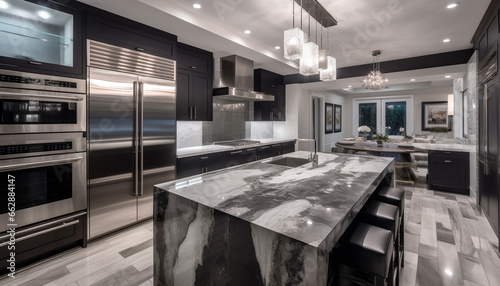 Modern kitchen design with luxury appliances, marble island, and stainless steel generated by AI