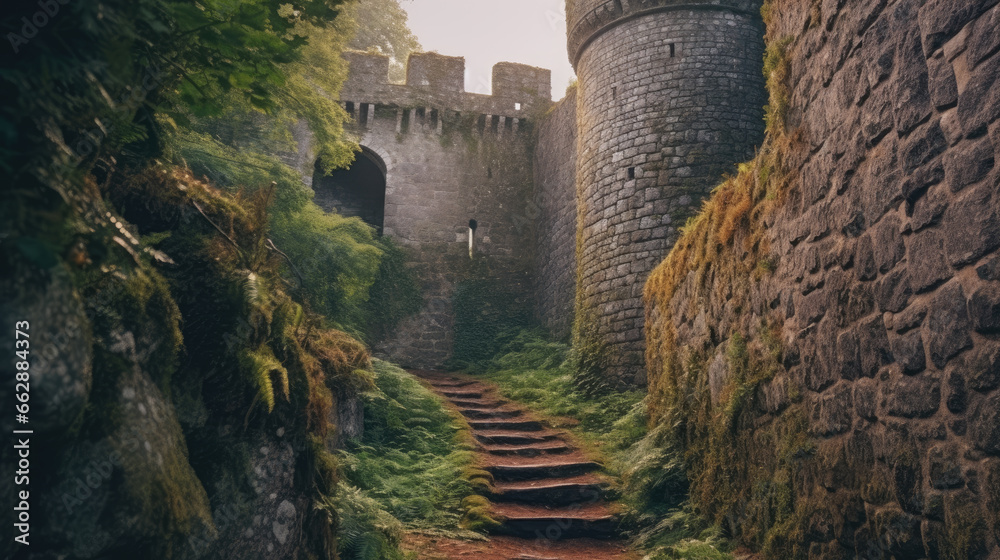 A medieval castle where a towering stone wall - obrazy, fototapety, plakaty 