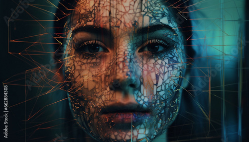 Futuristic young adult cyborg looking at camera in glowing abstract design generated by AI