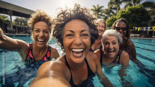 Group selfie of senior women in pool. Happy seniors on vacation.