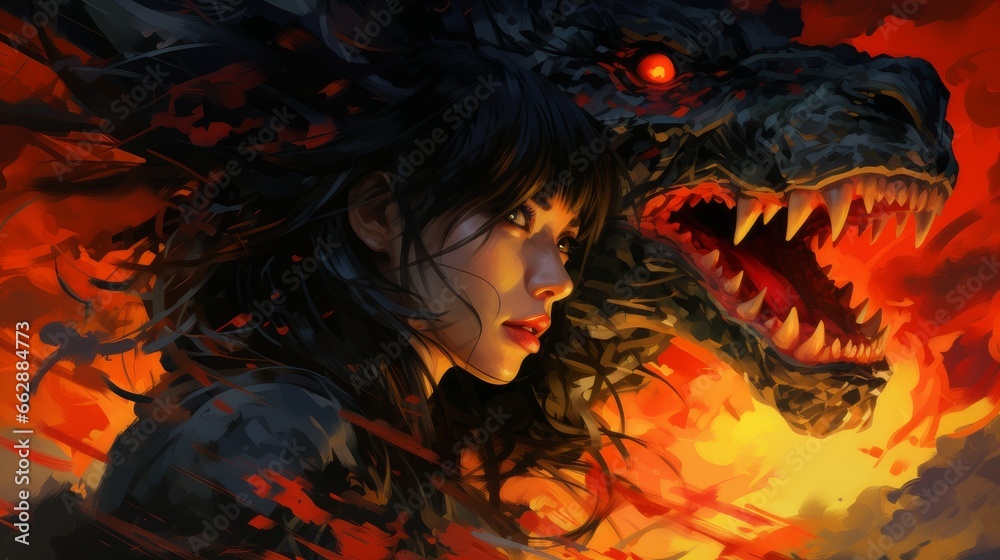 woman witch and green fire dragon
