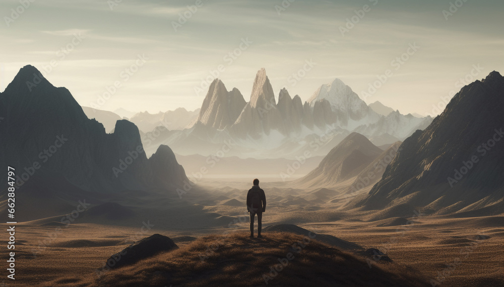 One person standing on mountain peak, backpack, enjoying tranquil scene generated by AI