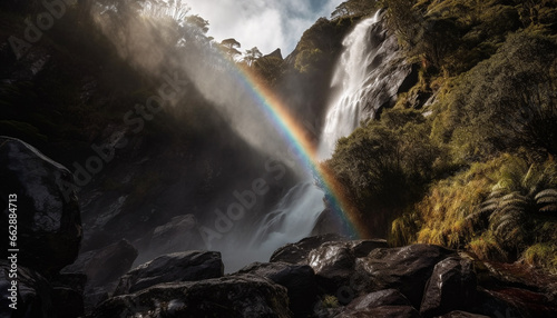 Majestic mountain range, flowing water, rainbow, idyllic landscape, green forest generated by AI