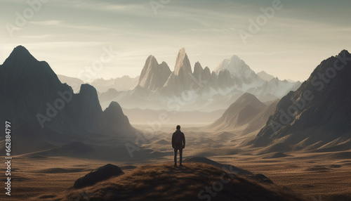 One person standing on mountain peak  backpack  enjoying tranquil scene generated by AI