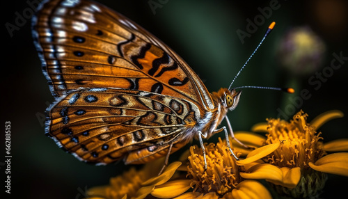 Vibrant butterfly pollinates yellow flower in tranquil tropical nature scene generated by AI