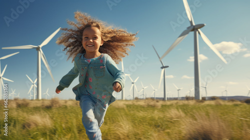 Little child run across a field and play in front of wind turbines.