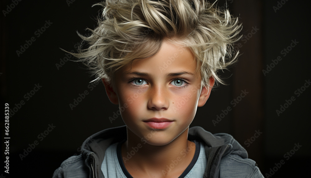 Cute blond schoolboy with a small, serious, confident, joyful expression generated by AI