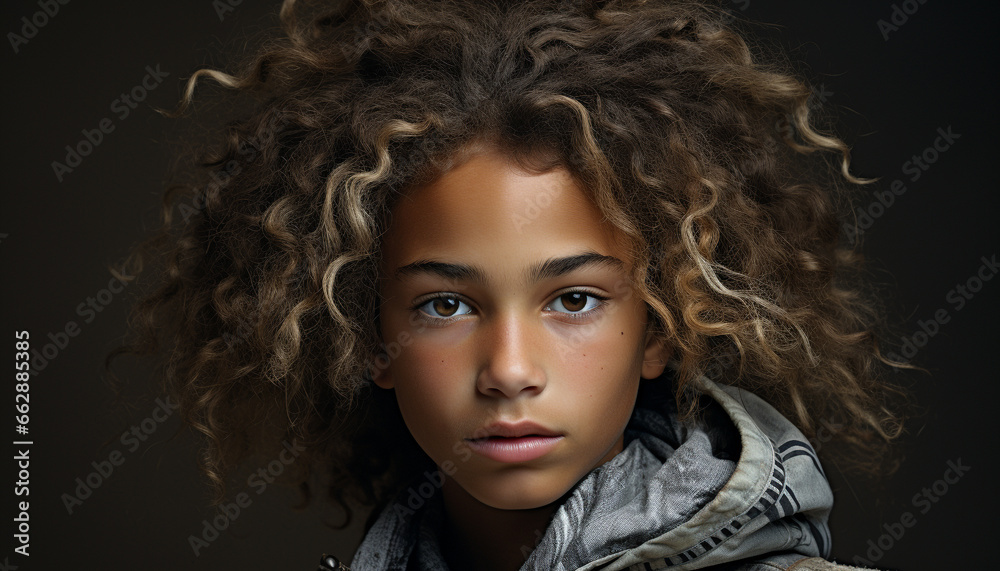 Fototapeta premium Curly haired child looking cute, smiling, innocence in portrait image generated by AI