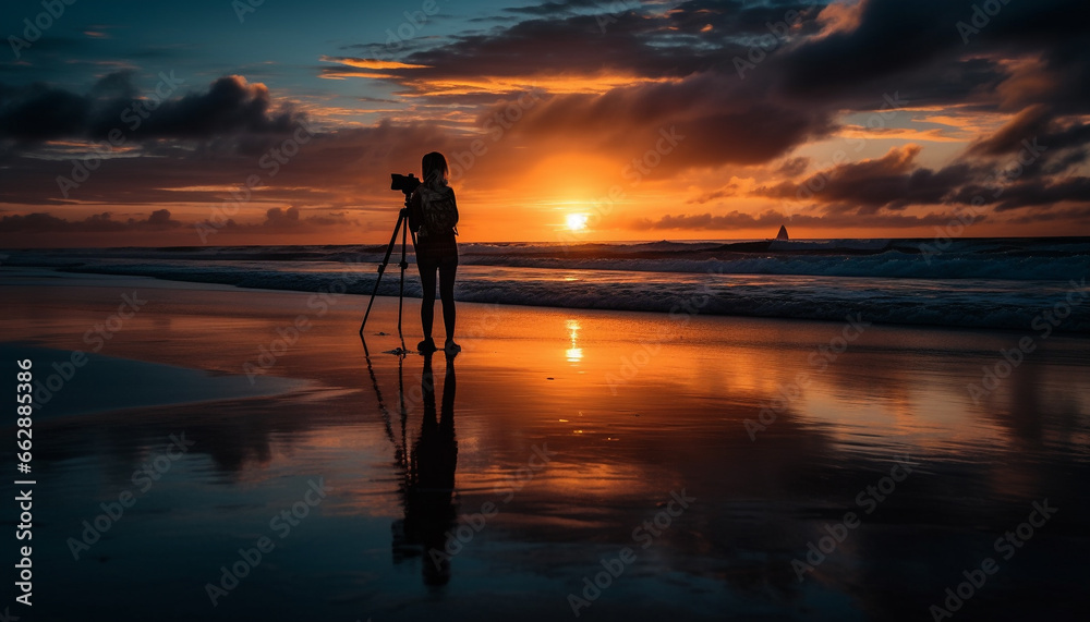 One person standing, back lit, photographing tranquil coastline beauty generated by AI