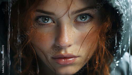 A beautiful young woman with wet hair looks at the camera generated by AI