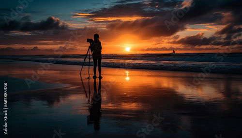 One person standing, back lit, photographing tranquil coastline beauty generated by AI