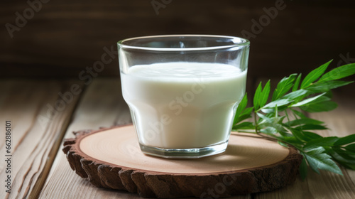 Kefir in a glass on a wooden background photo