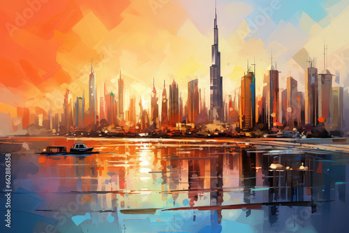 oil painting on canvas  Dubai city - amazing city center skyline and famous Jumeirah beach at sunset  United Arab Emirates.  ai generated 