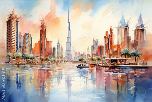 oil painting on canvas, Dubai city - amazing city center skyline and famous Jumeirah beach at sunset, United Arab Emirates. (ai generated) © ImagineDesign