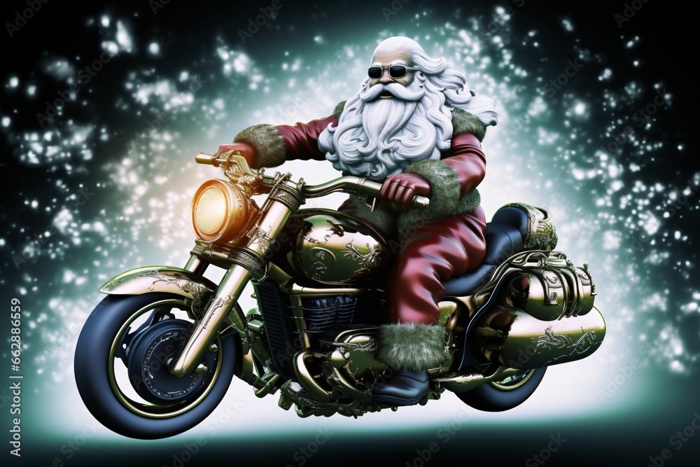 Santa Claus on a chopper motorbike. 3D illustration.