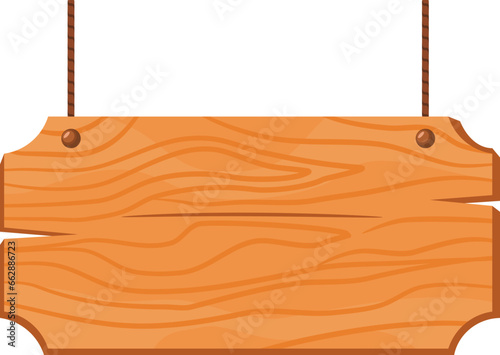 Hanging wood board sign, rustic cartoon signpost or billboard, notice and information theme