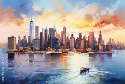 Fotografia oil painting on canvas, Manhattan skyline panorama at sunset , New York City, USA