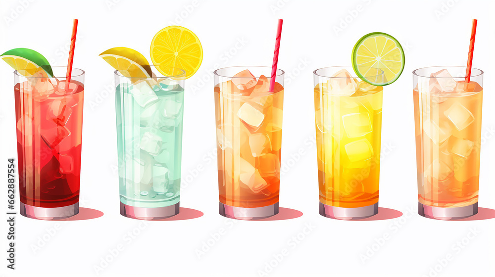 Cocktail and mocktail drinks in different colors and shapes isolated on a transparent background
Cocktail and mocktail drinks in different colors and shapes isolated on a transparent background
