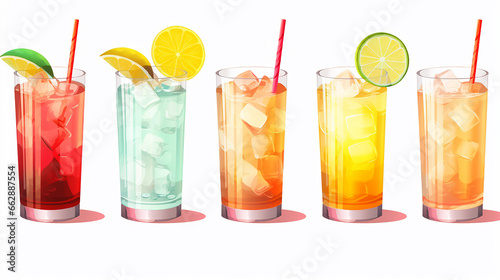 Cocktail and mocktail drinks in different colors and shapes isolated on a transparent background 