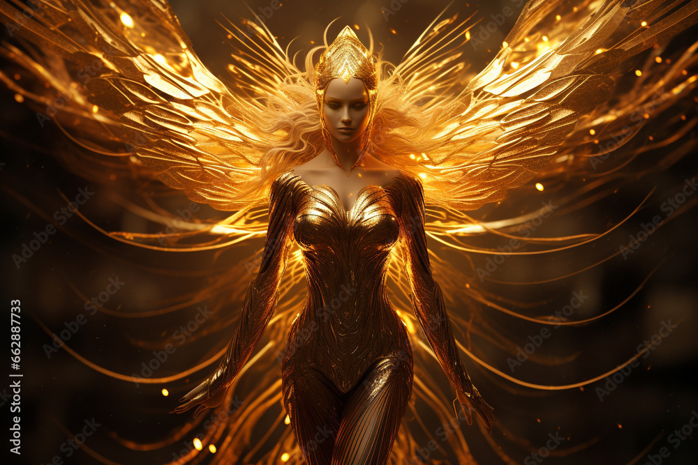 Fantasy concept. Beautiful golden phoenix woman humanoid portrait. Girl ...