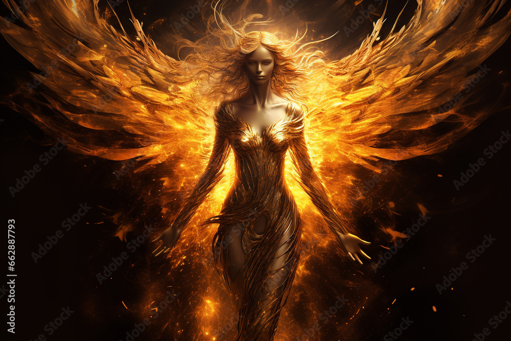 Fantasy concept. Beautiful golden phoenix woman humanoid portrait. Girl ...