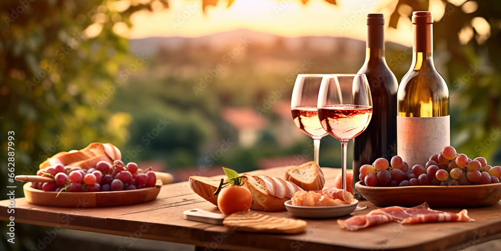 Various wine snack with cheese,bread,olives,ham and fruit with pink rose wine bottle and glasses.Macro.AI Generative