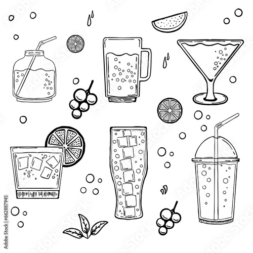 Outline set of bar drinks. Doodle simple style