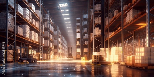 Large storage warehouse with forklift and tall shelves racks.Wide view.AI Generative © DenisMArt