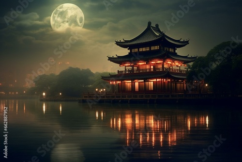 a historic structure in Asia appears when the moon ascends above the river. Generative AI