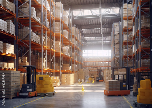Industrial warehouse with shelves full of goods and forklift.Macro.AI Generative