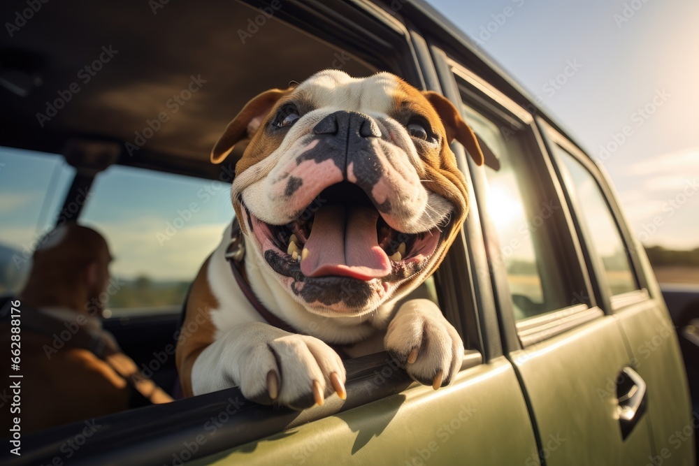 Happy British Bulldog dog peeking out of a car window summer vacation travel.