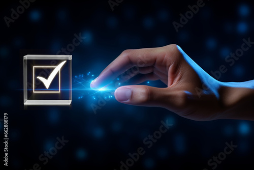 A man's hand touching a box with a checked check mark isolated on a futuristic and technological background. Concept of cybersecurity, big data, Artificial Intelligence and development of new technolo