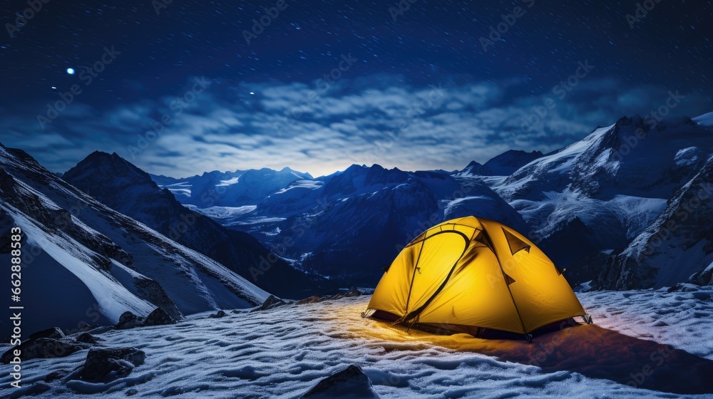 Camping tent in the mountains at night